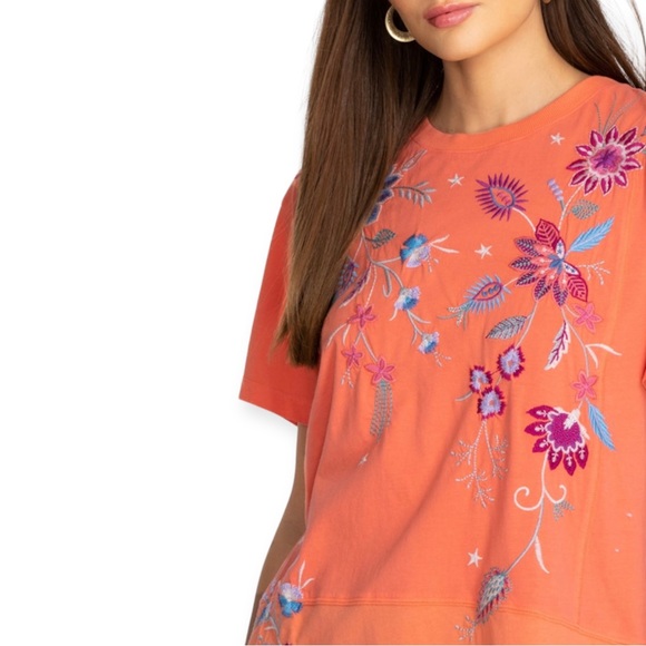 JOHNNY WAS Phoebe Short Sleeve Relaxed Tee Living Coral Embroidered TShirt - Picture 3 of 9